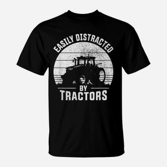 Easily Distracted By Tractors Farmer Tractor Funny Farming T-Shirt | Crazezy