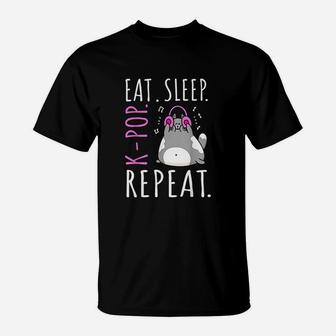 Eat Sleep Kpop Repeat Kawaii Cat Listening Music Kpop Gifts T-Shirt | Crazezy