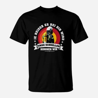 Feuerwehr T-Shirt Schwarz mit Spruch Je feuchter, desto schneller - Seseable