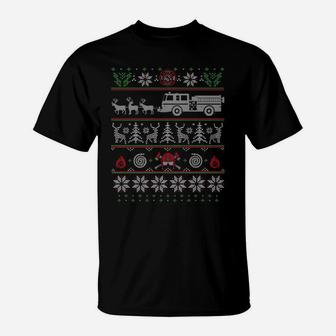 Firefighter Fire Truck Pulled By Reindeer Ugly Christmas T-Shirt | Crazezy CA