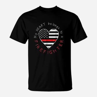 Firefighter Wife Girlfriend Thin Red Line Heart T-Shirt | Crazezy