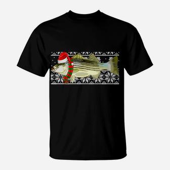 Fish Xmas Santa Hat Striped Bass Ugly Christmas Sweatshirt T-Shirt | Crazezy DE