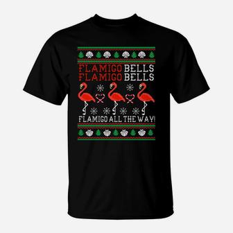Flamingo Bells All The Way Ugly Christmas Funny Holiday Sweatshirt T-Shirt | Crazezy UK