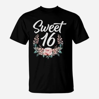 Floral Sweet Sixteen 16Th Birthday Flower Sweet 16 T-Shirt | Crazezy