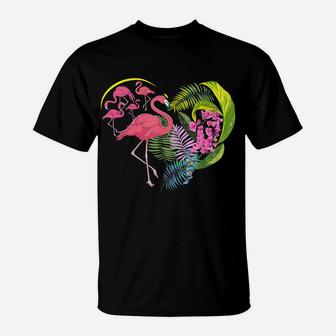 Flower Nature Hibiscus Monstera Leaves Heart Floral Flamingo T-Shirt | Crazezy