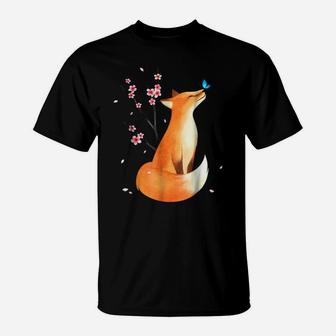 Fox Japanese Cherry Blossom Flower Vintage Gift T Shirt T-Shirt | Crazezy