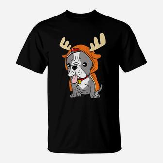 French Bulldog Dressed As Reindeer Dogs Xmas T-Shirt - Monsterry