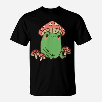 Frog With Mushroom Hat Cute Cottagecore Aesthetic T-Shirt | Crazezy
