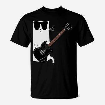 Funny Cat Wearing Sunglasses Playing Electric Guitar T-Shirt | Crazezy