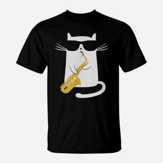 Funny Cat Wearing Sunglasses Playing Saxophone Gift T-Shirt | Crazezy