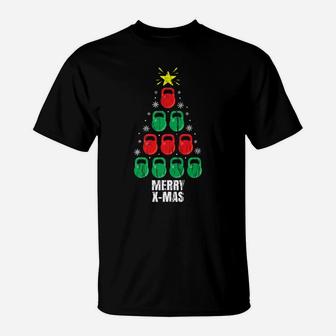 Funny Christmas Kettlebells Tree Design Holiday Gift Workout T-Shirt | Crazezy