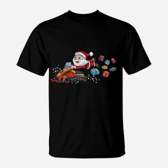 Funny Christmas Santa Claus Riding Snowmobile Kids Gifts T-Shirt | Crazezy
