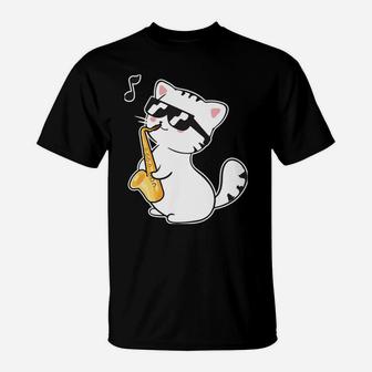 Funny Cool Cat Wearing Sunglasses Playing Saxophone Day Gift T-Shirt | Crazezy DE