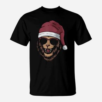 Funny Cool Lion Wearing Sunglasses And Santa Hat T-Shirt - Monsterry