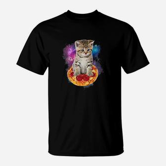 Funny Galaxy Cat Space Cat Eat Pizza And Taco T-Shirt | Crazezy