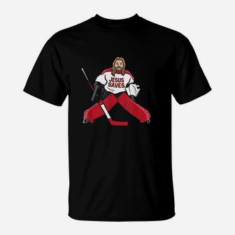 Funny Hockey Jesus Saves Hockey Goalie T-Shirt | Crazezy