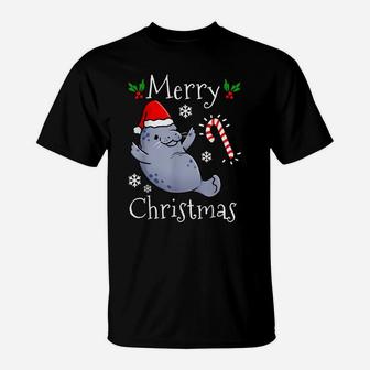 Funny Merry Christmas Manatee Candy Cane T-Shirt | Crazezy
