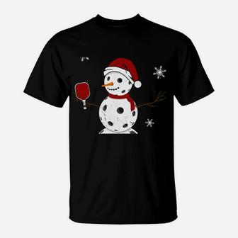 Funny Merry Christmas Snowman Playing Pickleball T-Shirt | Crazezy
