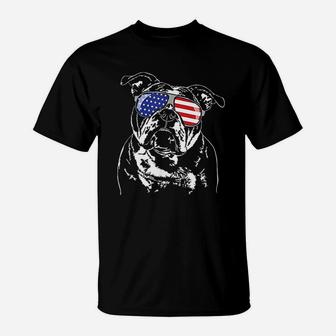 Funny Proud Old English Bulldog American Flag Sunglasses T-Shirt | Crazezy