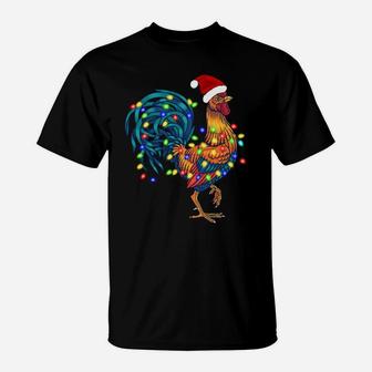 Funny Rooster Chicken Christmas Lights Pajama Farmer Gifts T-Shirt | Crazezy AU