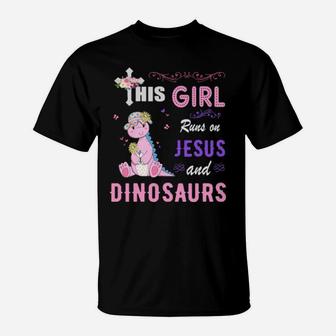 Funny Watercolor Girl Run On Jesus And Dinosaurs T-Shirt - Monsterry