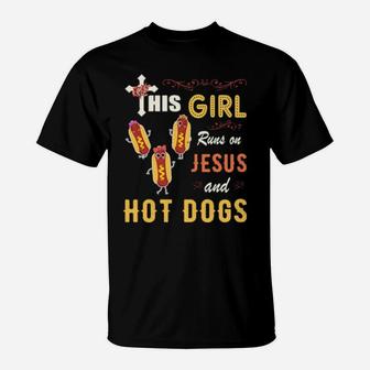 Funny Watercolor Girl Run On Jesus And Hot Dogs T-Shirt - Monsterry