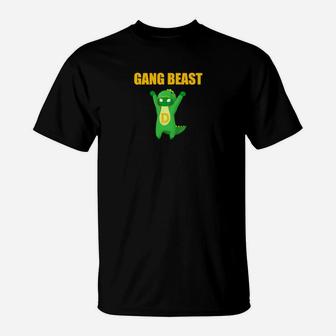 Gang Beast Lustiges Cartoon-Monster Grafik-T-Shirt in Schwarz, Witziges Design - Seseable