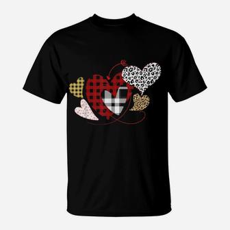 Girls Valentines Day Hearts Love Leopard Plaid T-Shirt - Monsterry