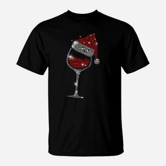 Glass Of Red Wine Santa Hat Christmas For Men Women Family T-Shirt | Crazezy
