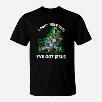 Gnome Hug Cross I Dont Need Luck I've Got Jesus St Patrick's Day T-Shirt - Monsterry