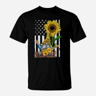 Gnome Playing Guitar Sunflower Hippie Gnomes American Flag T-Shirt | Crazezy AU
