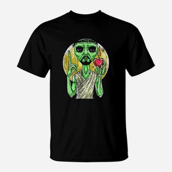 Green Alien Jesus Apple Moon Funny Et Space Christian Gift T-Shirt | Crazezy