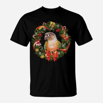 Green Cheek Conure Parrot Christmas Wreath T-Shirt | Crazezy