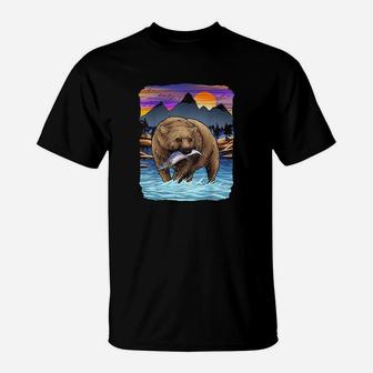 Grizzly Bear Catching Salmon Alaska Fishing Nature Lover T-Shirt | Crazezy