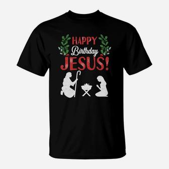 Happy Birthday Jesus Christmas Christian Manger T-Shirt | Crazezy