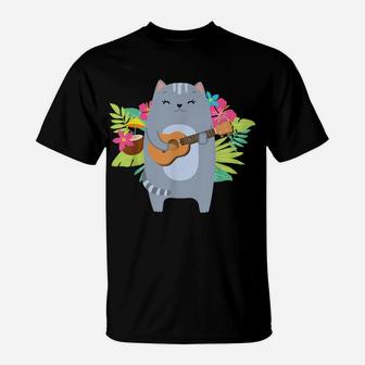 Hawaiian Uke Cat Playing Ukulele Flower T-Shirt | Crazezy