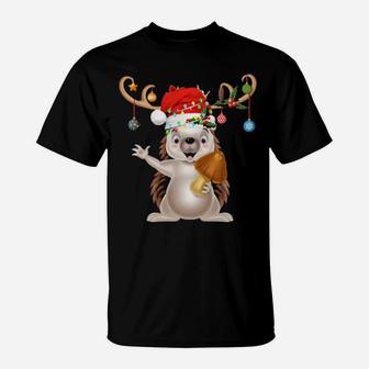 Hedgehogs Xmas Reindeer Santa Hat Hedgehog T-Shirt - Monsterry UK