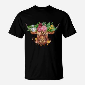 Highland Cow Scottish Coo Cow Lover Farm Animal Floral T-Shirt | Crazezy