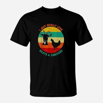 I Just Really Love Goats And Chickens Farmer Retro Sunset T-Shirt | Crazezy DE