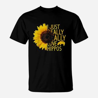 I Just Really Love Hippos Gift Women Men Herd Sunflower T-Shirt | Crazezy