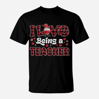 I Love Being Teacher Red Plaid Hearts Gnome Valentine's Day T-Shirt | Crazezy