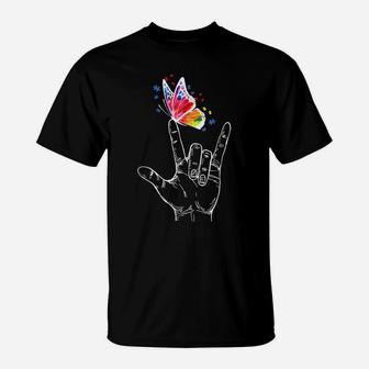 I Love You Hand Sign Language Butterfly Autism Awareness T-Shirt | Crazezy
