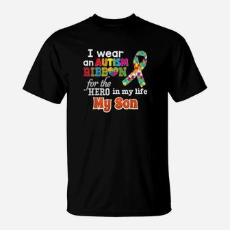 I Wear An Autism Ribbon For My Hero Son Rainbow Puzzle T-Shirt - Monsterry