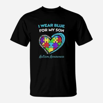 I Wear Blue For My Son Awareness Mom Dad Heart Puzzle T-Shirt | Crazezy