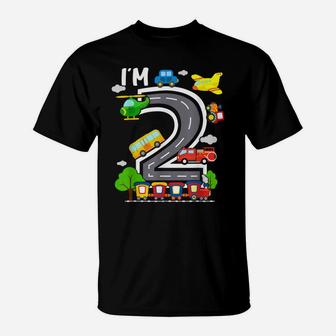 I'm 2 Birthday Boy 2Nd Bday Train Car Fire Truck Airplane T-Shirt | Crazezy