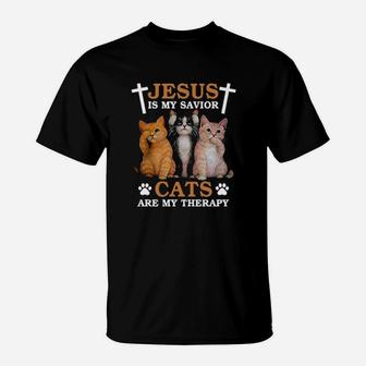 Jesus Is My Savior Cats Are My Therapy T-Shirt - Monsterry