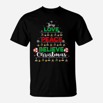 Joy Love Peace Believe Christmas Boys Kids Girls Xmas Tree T-Shirt | Crazezy UK