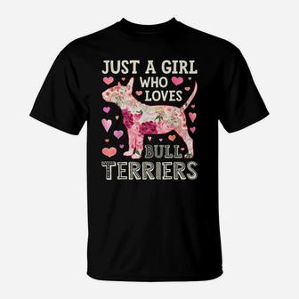 Just A Girl Who Loves Bull Terriers Dog Silhouette Flower T-Shirt | Crazezy