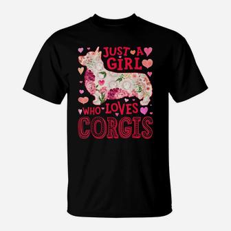 Just A Girl Who Loves Corgis Dog Silhouette Flower Floral T-Shirt | Crazezy
