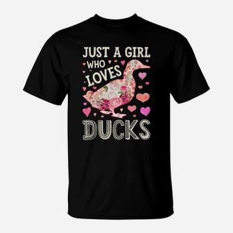 Just A Girl Who Loves Ducks Funny Duck Silhouette Flower T-Shirt | Crazezy